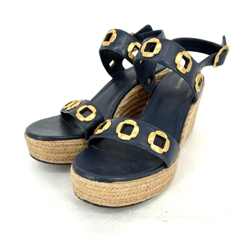 Larroudé Milan Espadrille Wedge Sandals Navy Blue Leather Women's 11